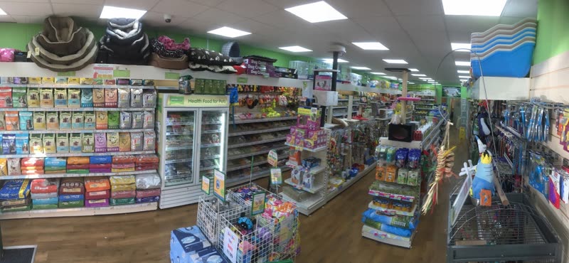 Inside Animaltastic: the shop aisle with shelves of pet food and accessories under green walls